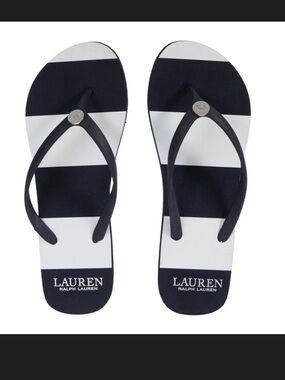 Lauren Ralph Lauren Navy & White Striped Logo Flip Flops